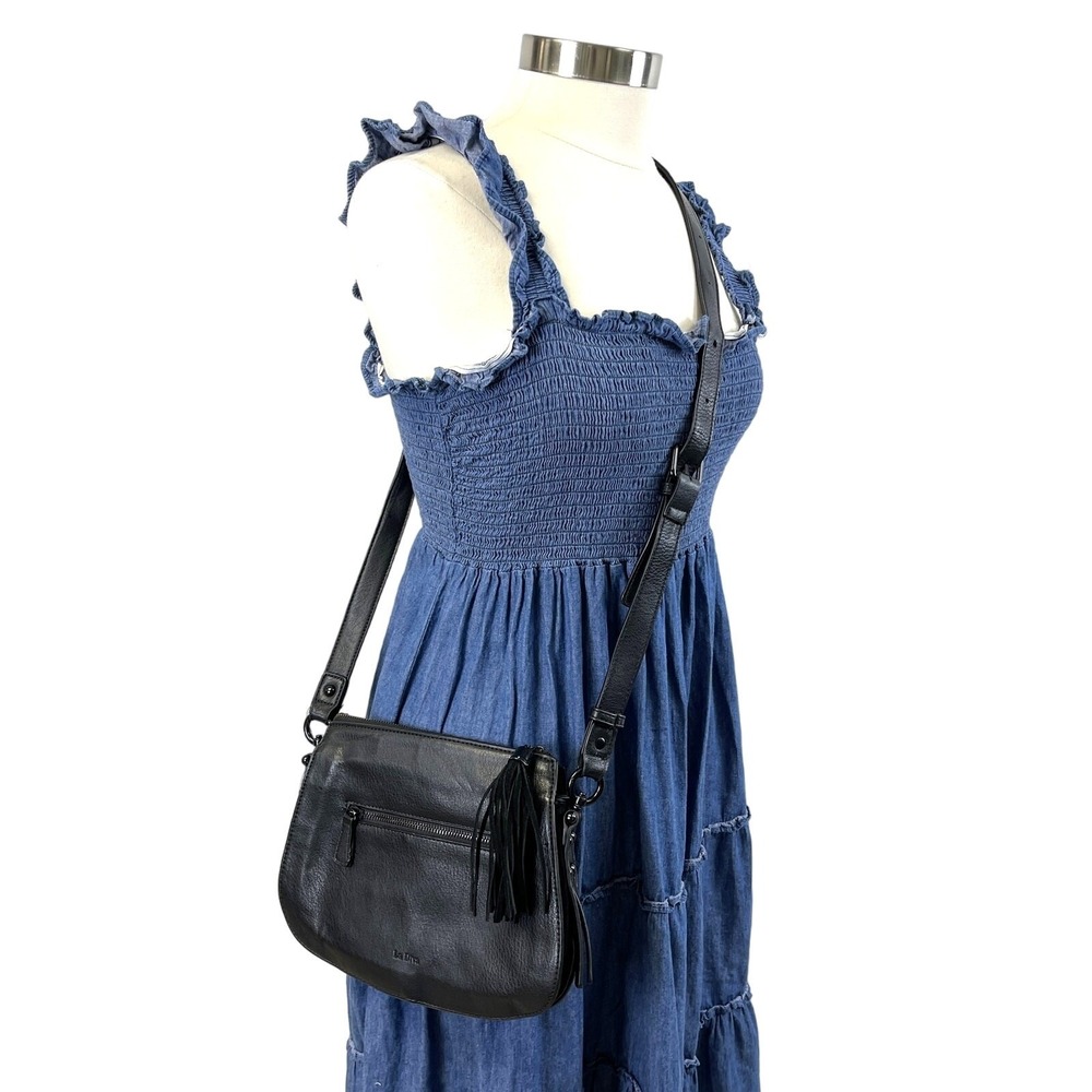 La Diva Crossbody Bag Black Suede Leather Tassel Minimalist Indie Urban‎ Edgy
